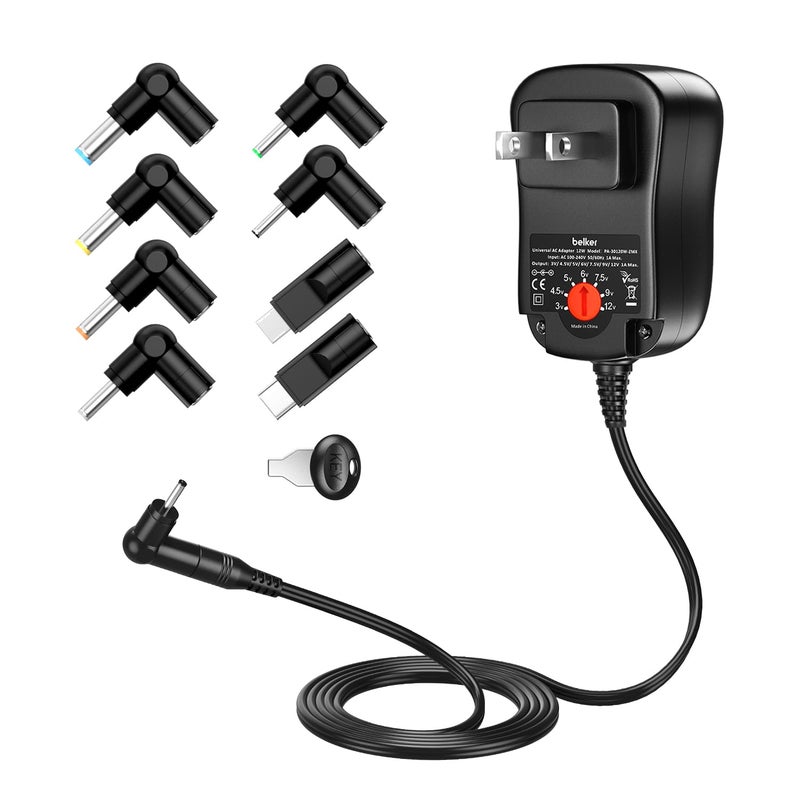 Belker 12W Universal 3V 4.5V 5V 6V 7.5V 9V 12V AC DC Adapter Power Supply for Household Electronics Router Speaker Smart Phone Tablet CCTV IP Camera - 1A 1000mA Amp Max. - Image 1